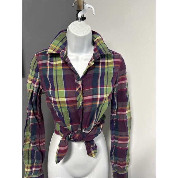 American Eagle Outfitters Women's Size 2 Green Purple Flannel Shirt Altered - Picture 2 of 16